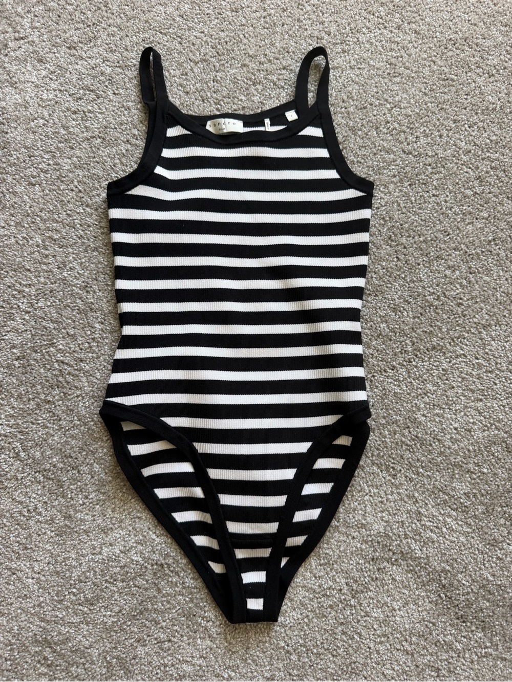 Sandro Black and White Striped Ribbed Bodysuit